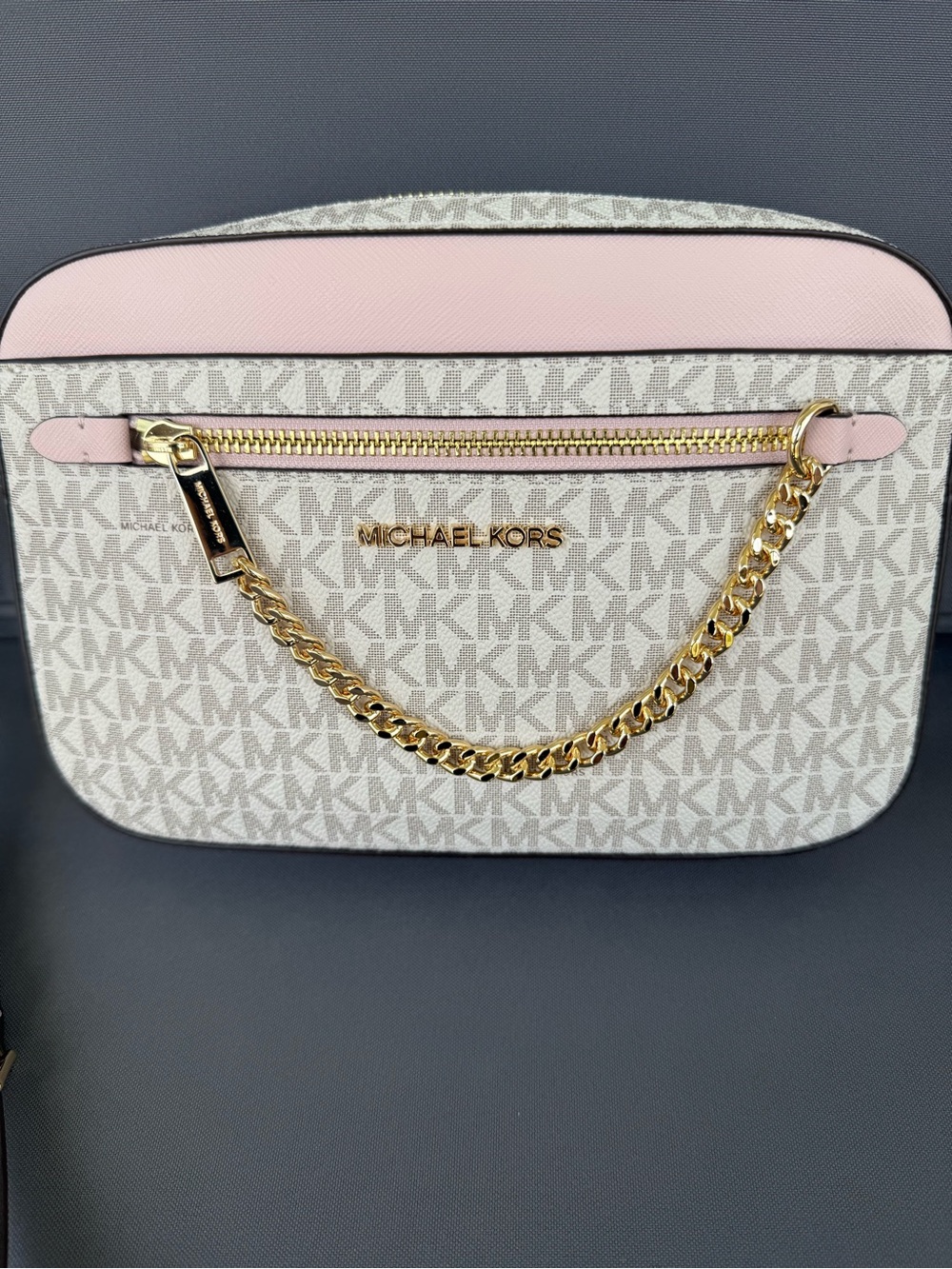 Michael Kors Cream & Pink Logo Crossbody with Gold Chain
